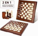 Juego de ajedrez y damas de viaje magnético 2 en 1 de madera