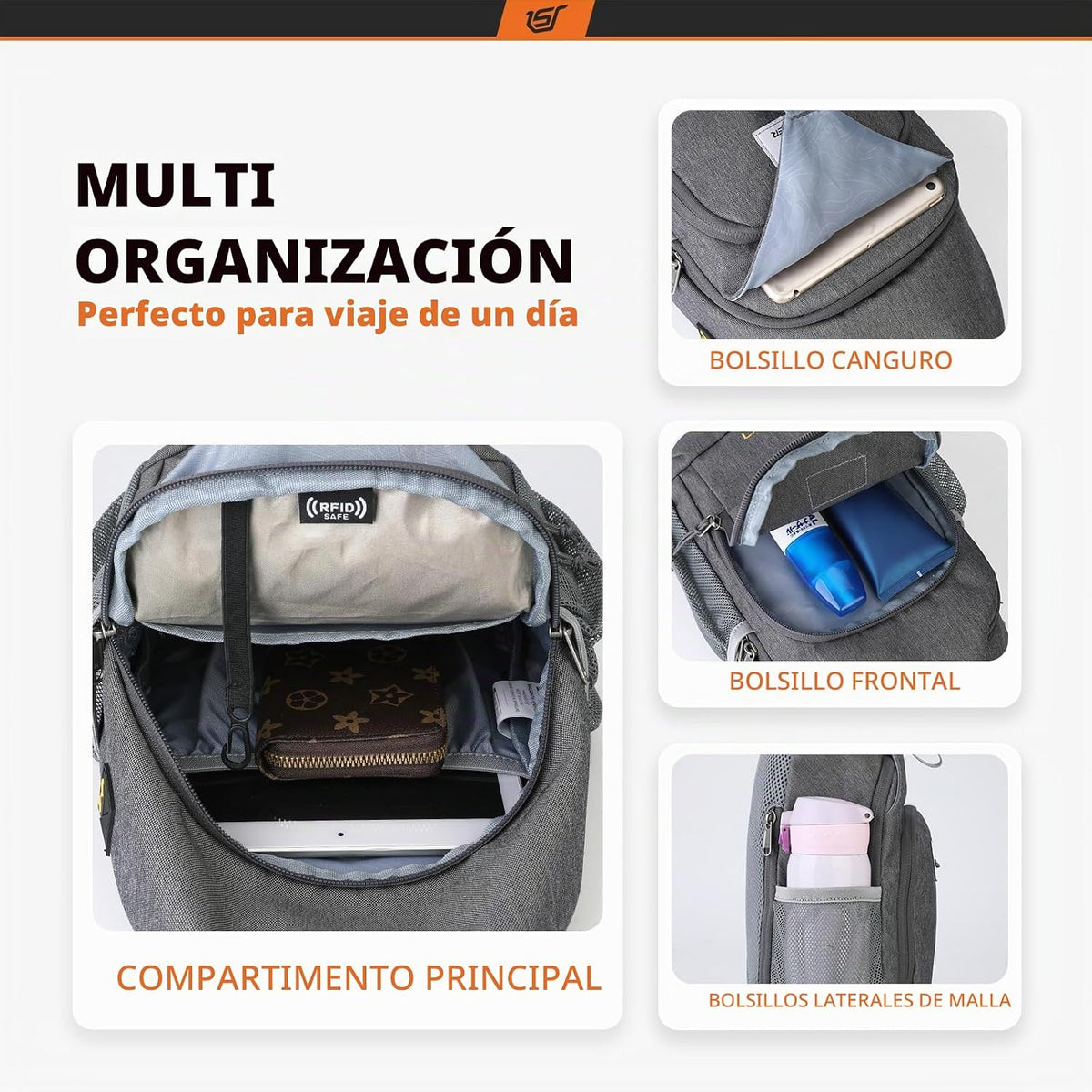SKYSPER - Mochila de bandolera con bloqueo RFID, mochila cruzada en el hombro, mochila de viaje y senderismo, mochila de día para mujeres y hombres (gris oscuro)