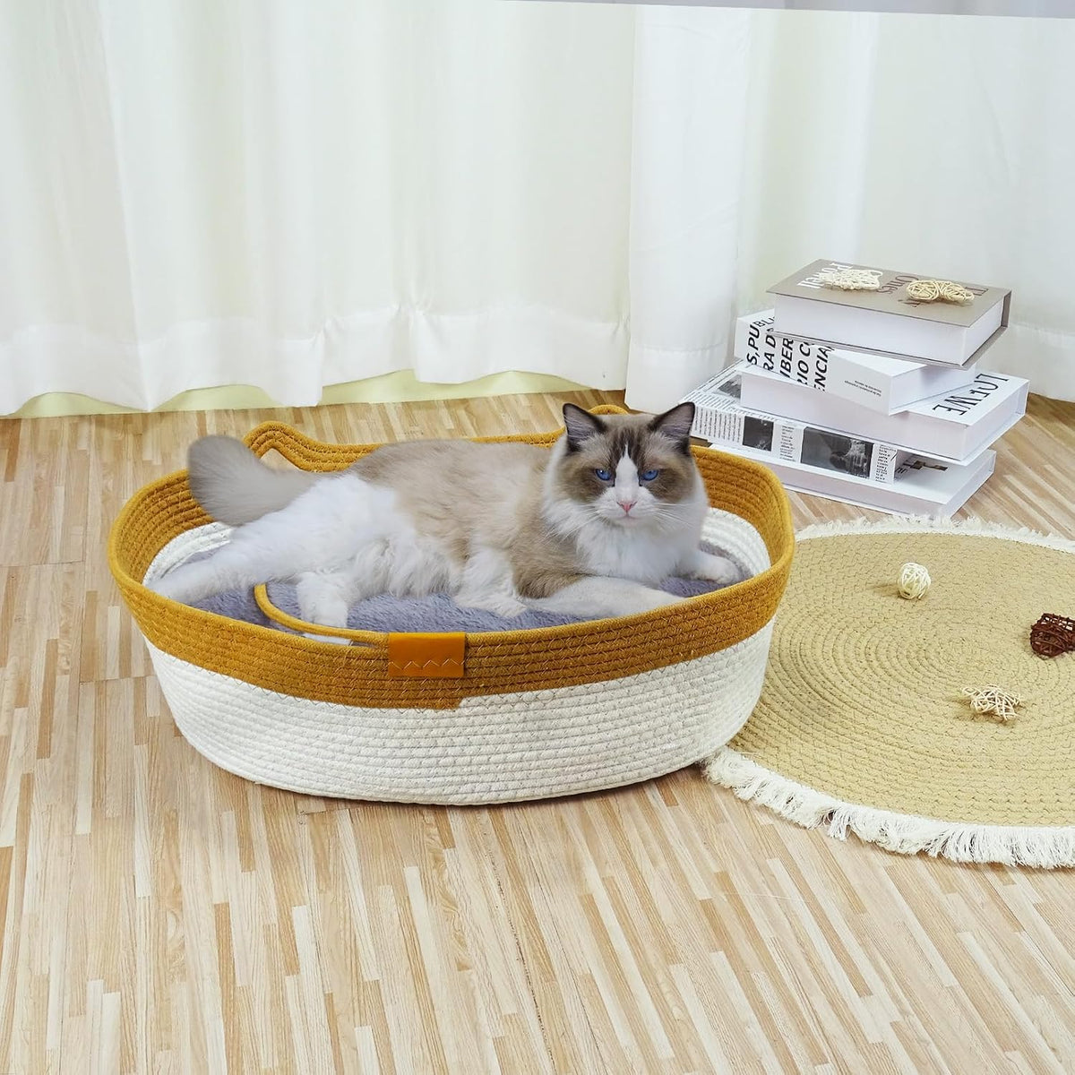 Cesta de cuerda natural para gatos, cama acogedora con cojín de