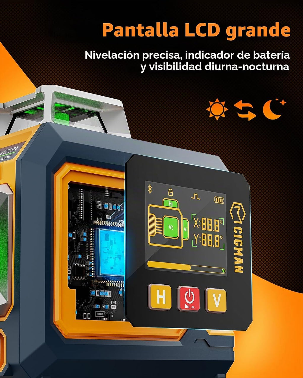 CIGMAN Nivel láser verde, LCD lateral de 3 x 360 ° de 12 líneas autonivelante, control remoto de aplicación Bluetooth, modo de pulso para receptor, ± 1/8 pulgadas a 33 pies de precisión