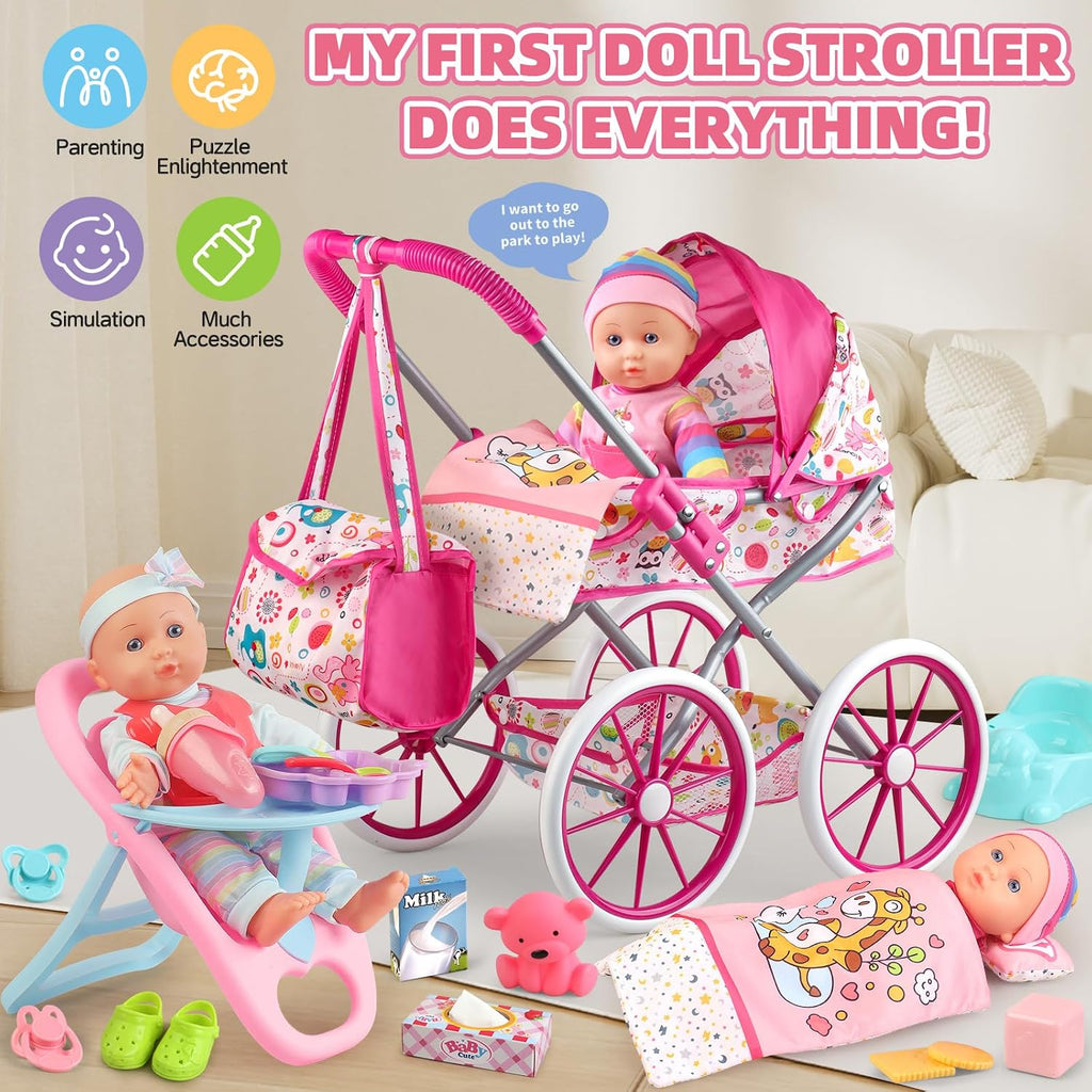 Juego de cochecito de muñeca de bebé para niñas con muñeca de bebé de 12.5 pulgadas, almohada acolchada, silla de comedor, 2 juegos de ropa de muñeca y 24 piezas de accesorios para muñecas, juguetes