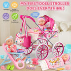 Juego de cochecito de muñeca de bebé para niñas con muñeca de bebé de 12.5 pulgadas, almohada acolchada, silla de comedor, 2 juegos de ropa de muñeca y 24 piezas de accesorios para muñecas, juguetes