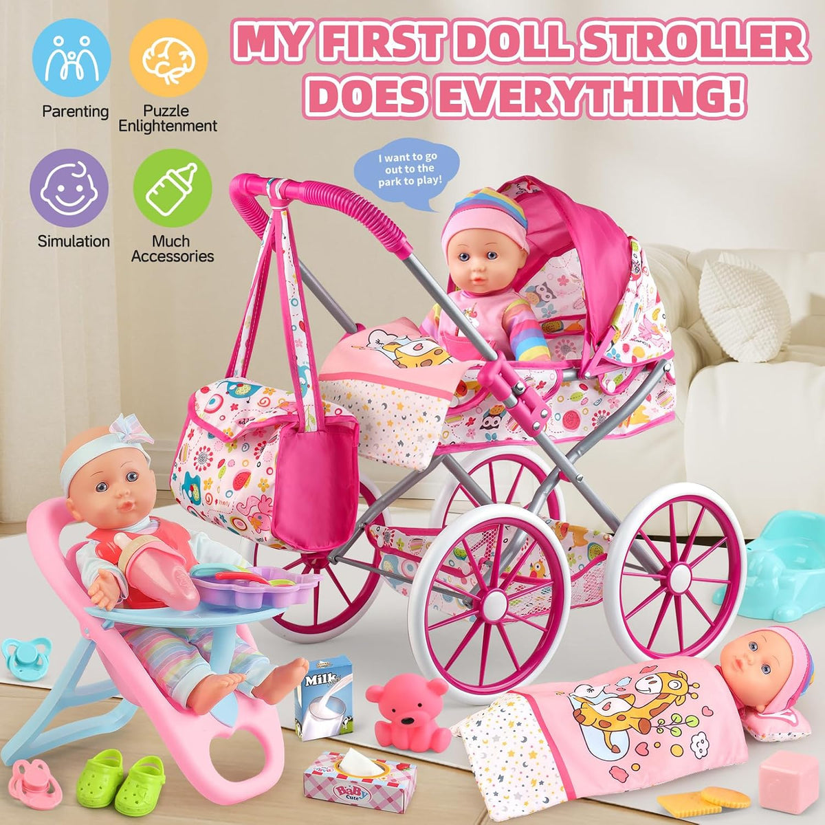 Juego de cochecito de muñeca de bebé para niñas con muñeca de bebé de 12.5 pulgadas, almohada acolchada, silla de comedor, 2 juegos de ropa de muñeca y 24 piezas de accesorios para muñecas, juguetes