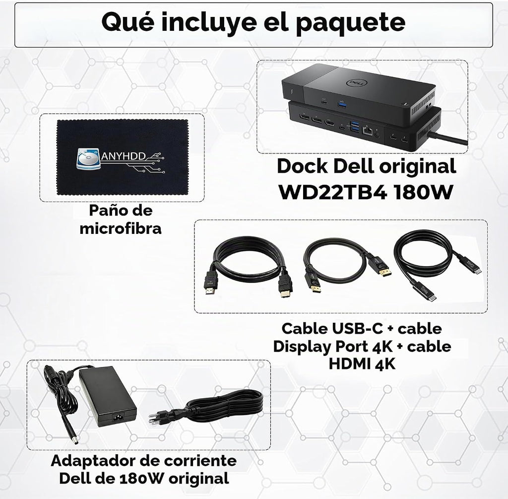 WD22TB4 Thunderbolt 4 Dock Bundle – 40Gbps USB-C/USB A, 1 año de garantía con adaptador de 180 W, Anyhdd HDMI, DP, cable USB-C y tela – Estación de acoplamiento