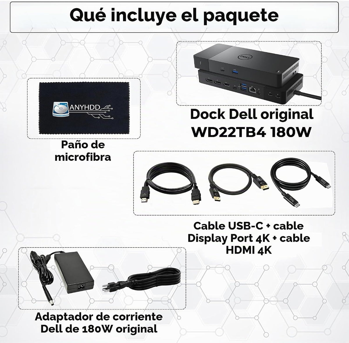 WD22TB4 Thunderbolt 4 Dock Bundle – 40Gbps USB-C/USB A, 1 año de garantía con adaptador de 180 W, Anyhdd HDMI, DP, cable USB-C y tela – Estación de acoplamiento