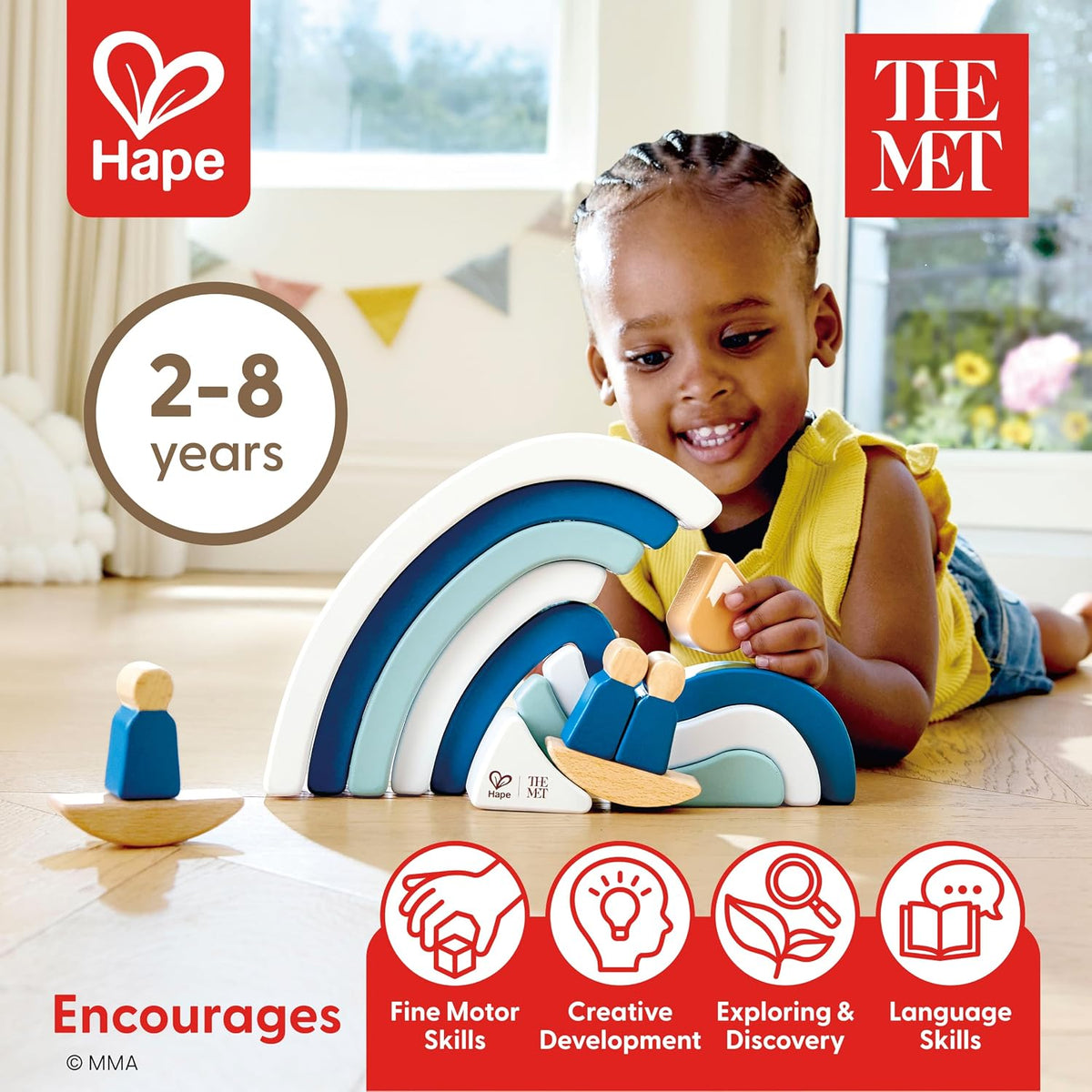 Hape x The Met Hokusai - Bloques de construcción de madera Gran Ola – Juego de bloques inspirado en el arte para edades de 2 a 8 años – Habilidades motoras finas y creatividad