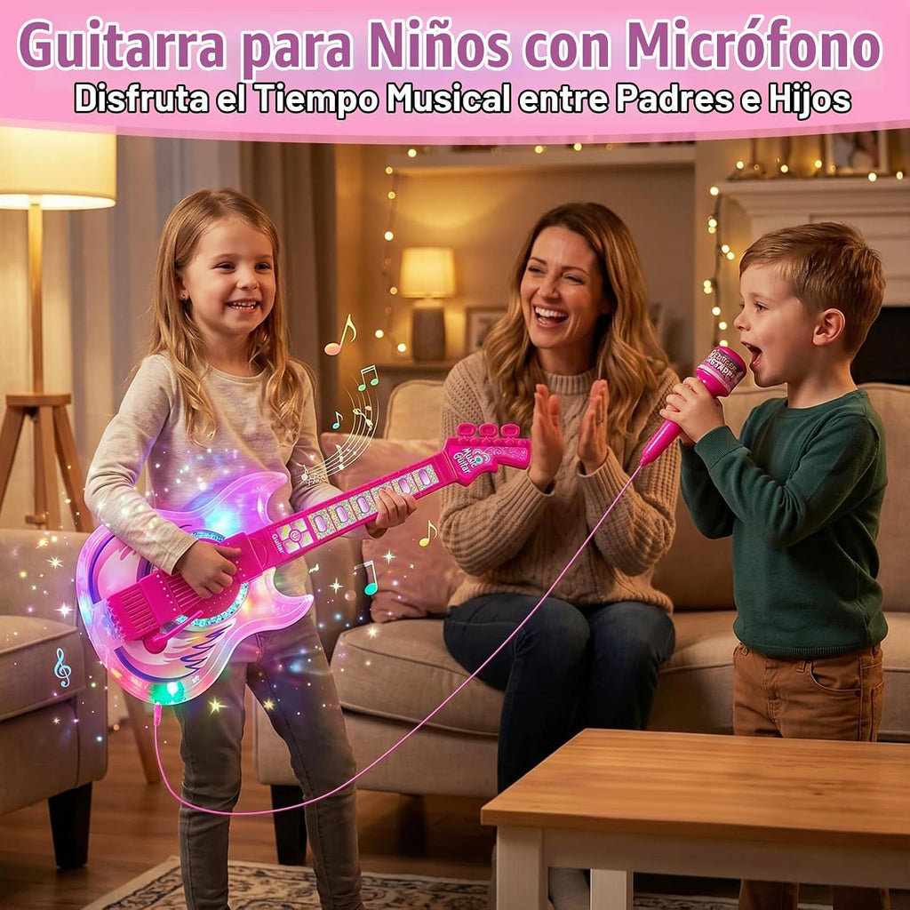 Juego de guitarra y micrófono para niños, 2 micrófonos amplificadores de voz con soporte brillante, juguete de música de karaoke con luz de escenario, regalo musical educativo para niños y niñas de 3