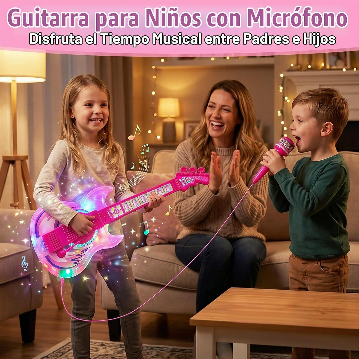 Juego de guitarra y micrófono para niños, 2 micrófonos amplificadores de voz con soporte brillante, juguete de música de karaoke con luz de escenario, regalo musical educativo para niños y niñas de 3