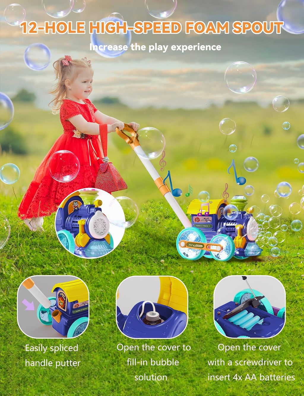 Máquina de burbujas, soplador de burbujas, cortacésped de burbujas para niños pequeños, tren de música de burbujas con luz, juguetes de verano al aire libre para patio trasero para 1-8 edades, regalos