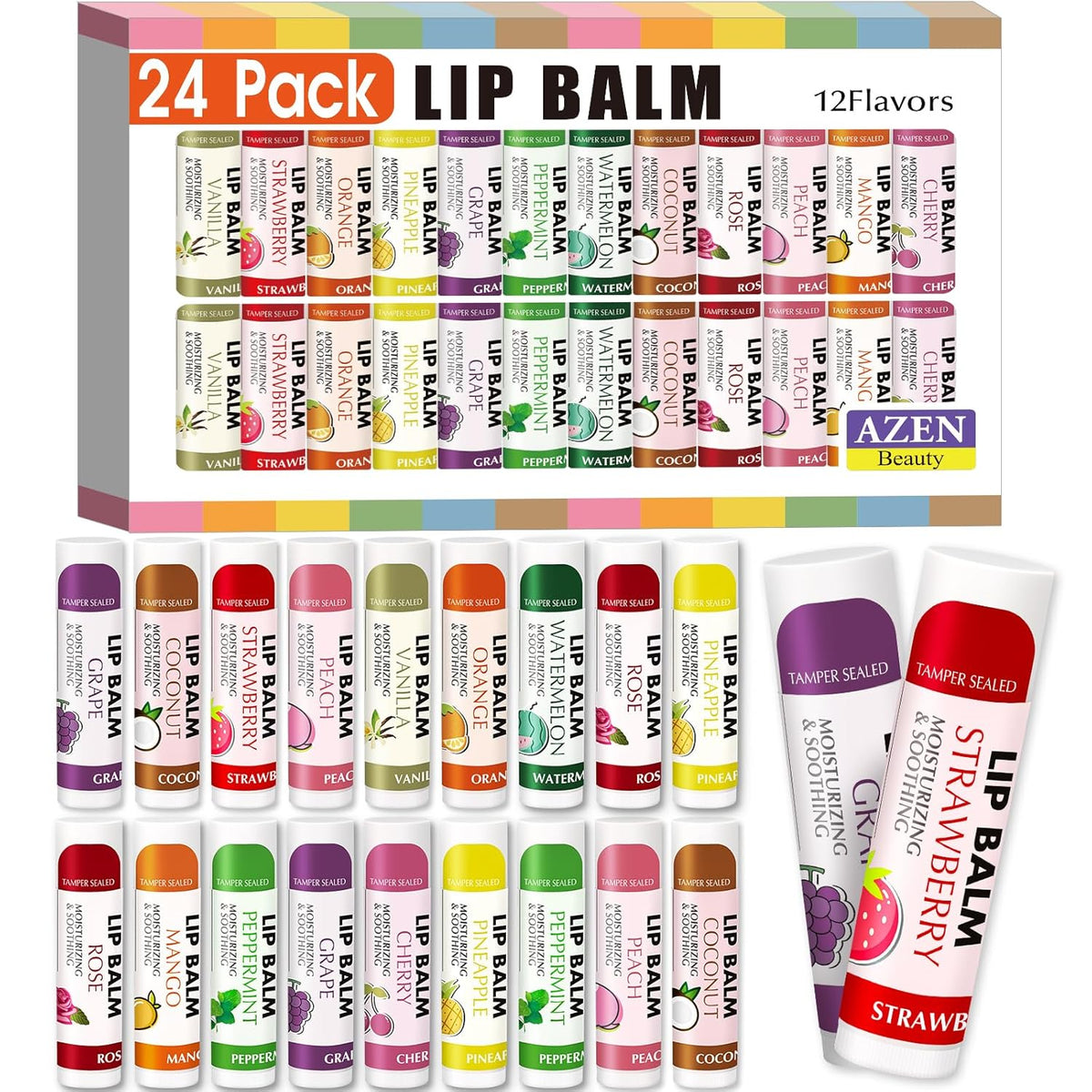 AZEN Paquete de 24 bálsamos labiales, bálsamo labial natural a gran...