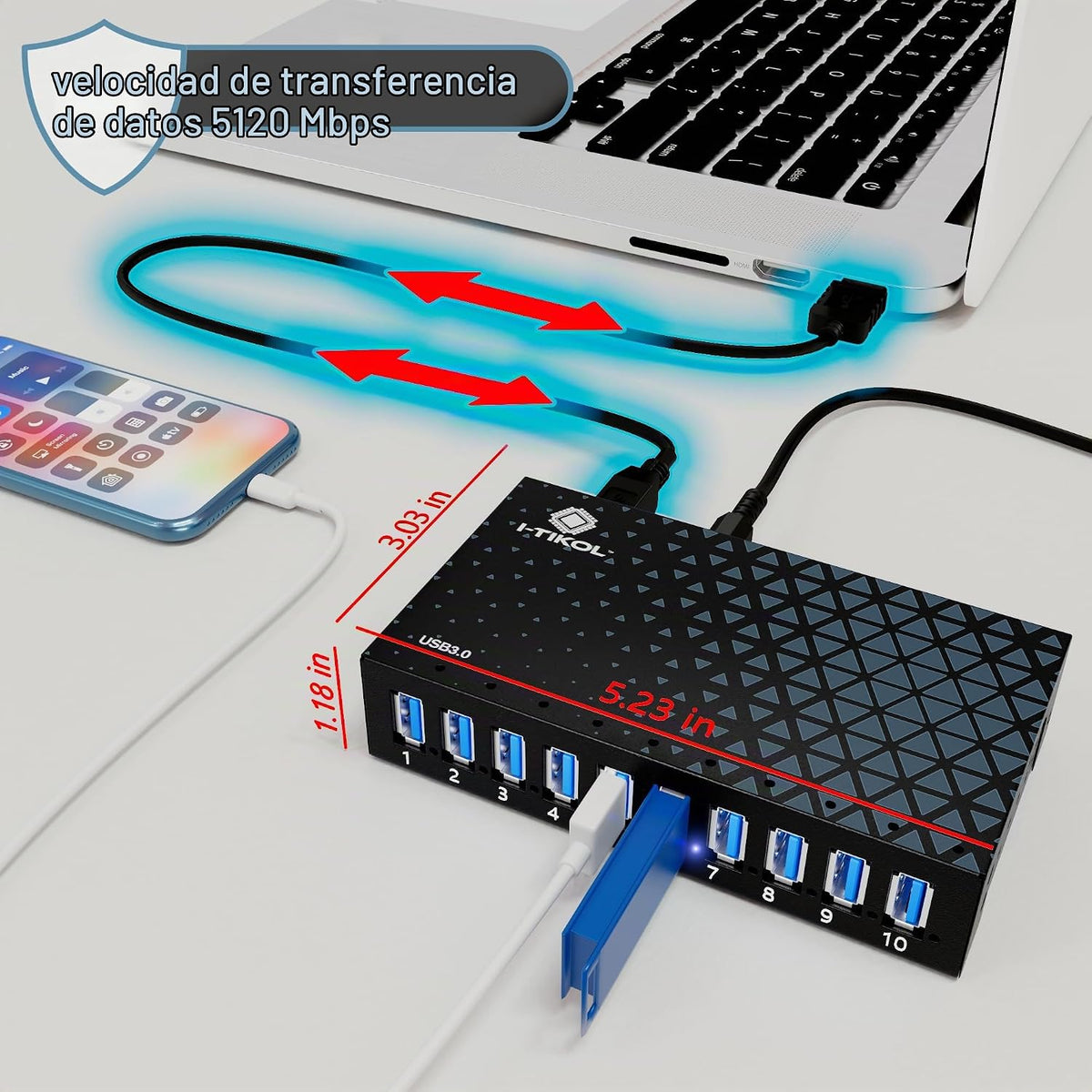 I-Tikol, hub USB 3.0 de 10 puertos, alimentado, adaptador 12V/5A