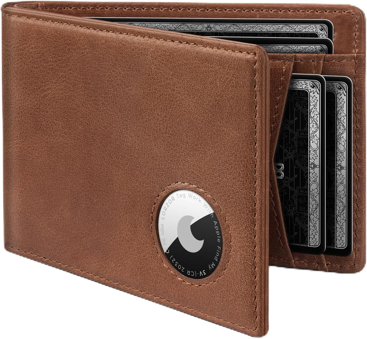 Billetera para hombre con soporte AirTag, billetera plegable de cuero de grano completo con ventana de identificación, bloqueo RFID, regalos para hombres, papá, marido, hasta 12 tarjetas, Camel