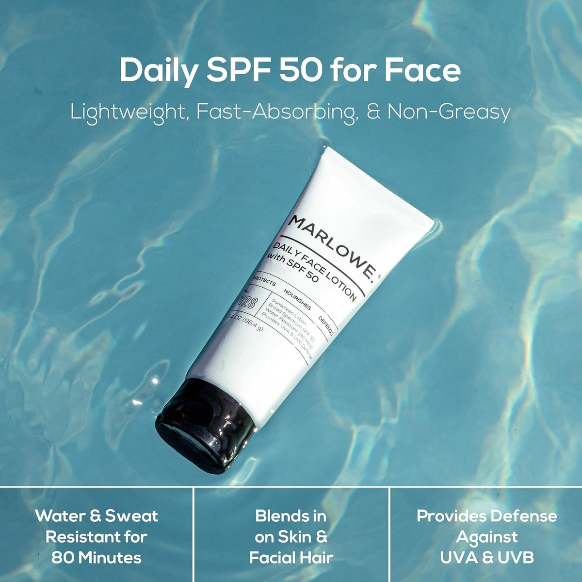 MARLOWE. Hidratante facial con SPF 50, 3.4 onzas, loción de protecc...