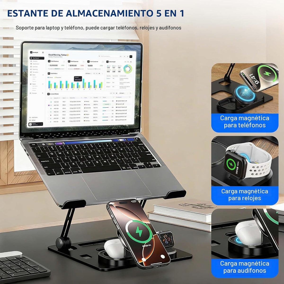 Soporte para portátil 5 en 1 para escritorio con base de estación