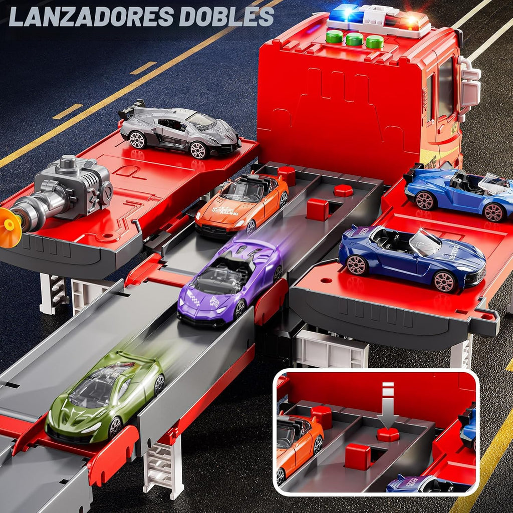 Camiones de bomberos de juguete para niños pequeños de 3 a 5 años, pista de carreras plegada con luces y sonidos y 6 autos de carreras, regalo de cumpleaños para niños y niñas de 3, 4, 5, 6, 7, 8 años