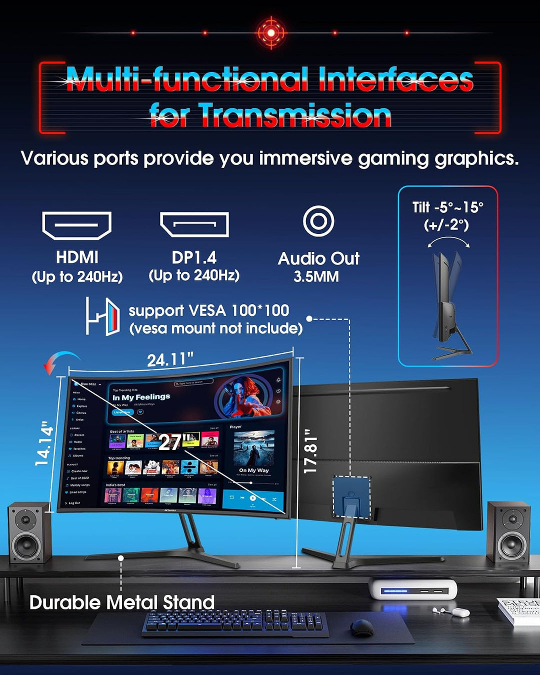 SANSUI Monitor curvo para juegos de 27 pulgadas 240Hz FHD 1080P, mo...