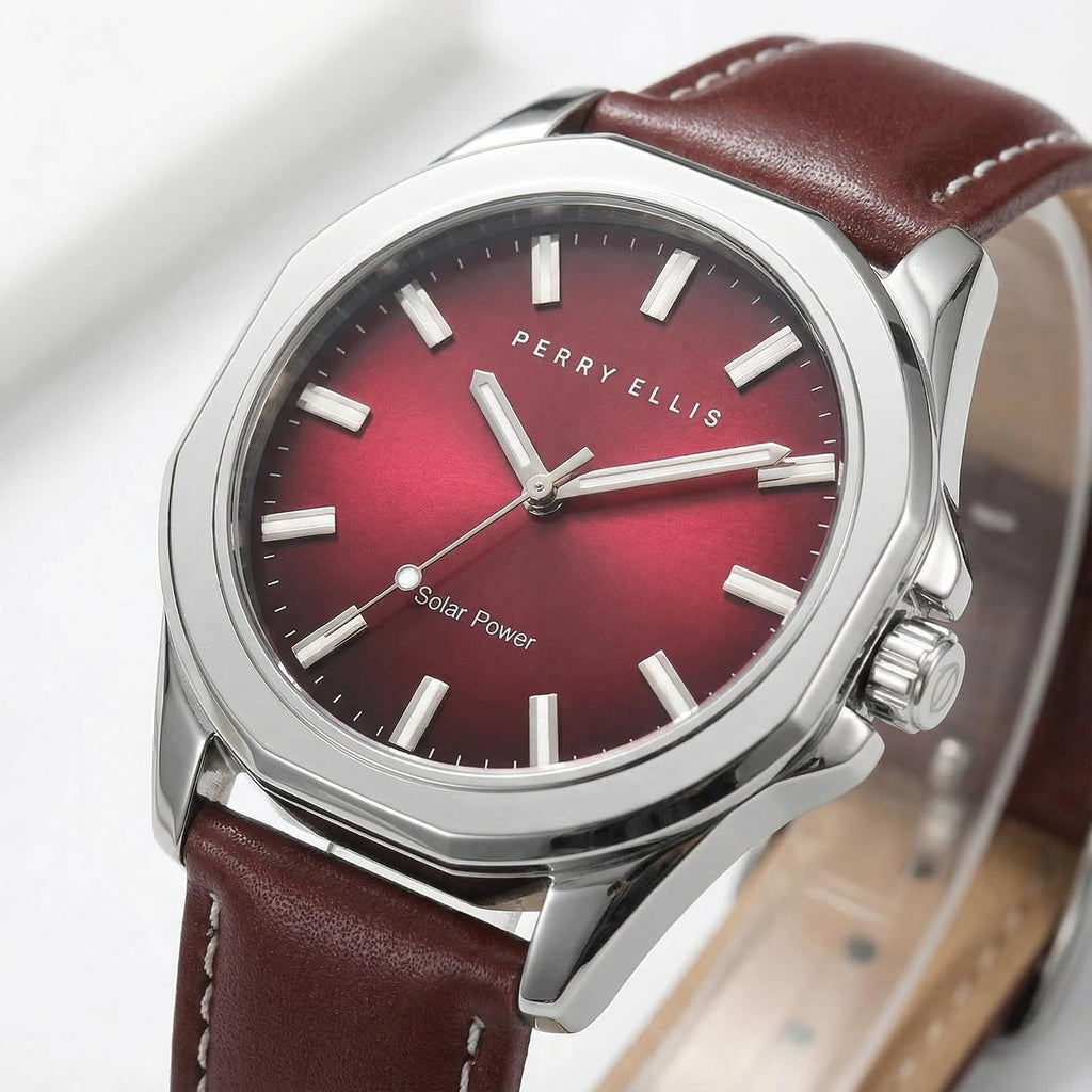 Reloj Perry Ellis para hombre con energía solar | Relojes de pulsera analógicos resistentes al agua de cuero vegano para hombre | Caja de 42mm | Relojes para hombres | Elegante regalo para hombre