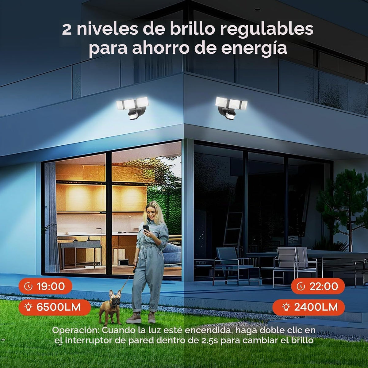 OREiN Luz de inundación para exteriores con sensor de movimiento, 42 W, 6500 lm, luz de seguridad LED súper brillante, modos de atardecer a amanecer/automático/manual, reflector impermeable IP65 con