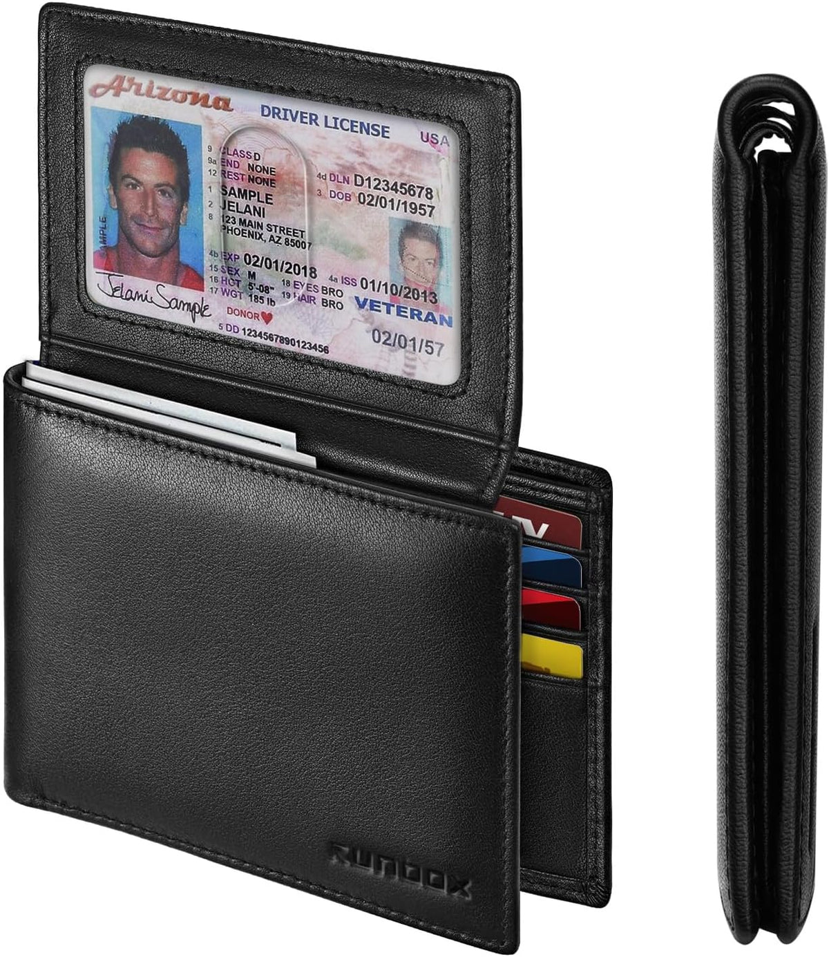 Cartera RUNBOX para Hombre de Cuero con Bloqueo RFID Bifold para Bolsillo Frontal