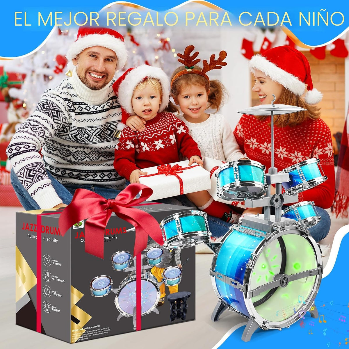Juego de batería para niños de 3 a 5 años, batería iluminada con taburete y palos