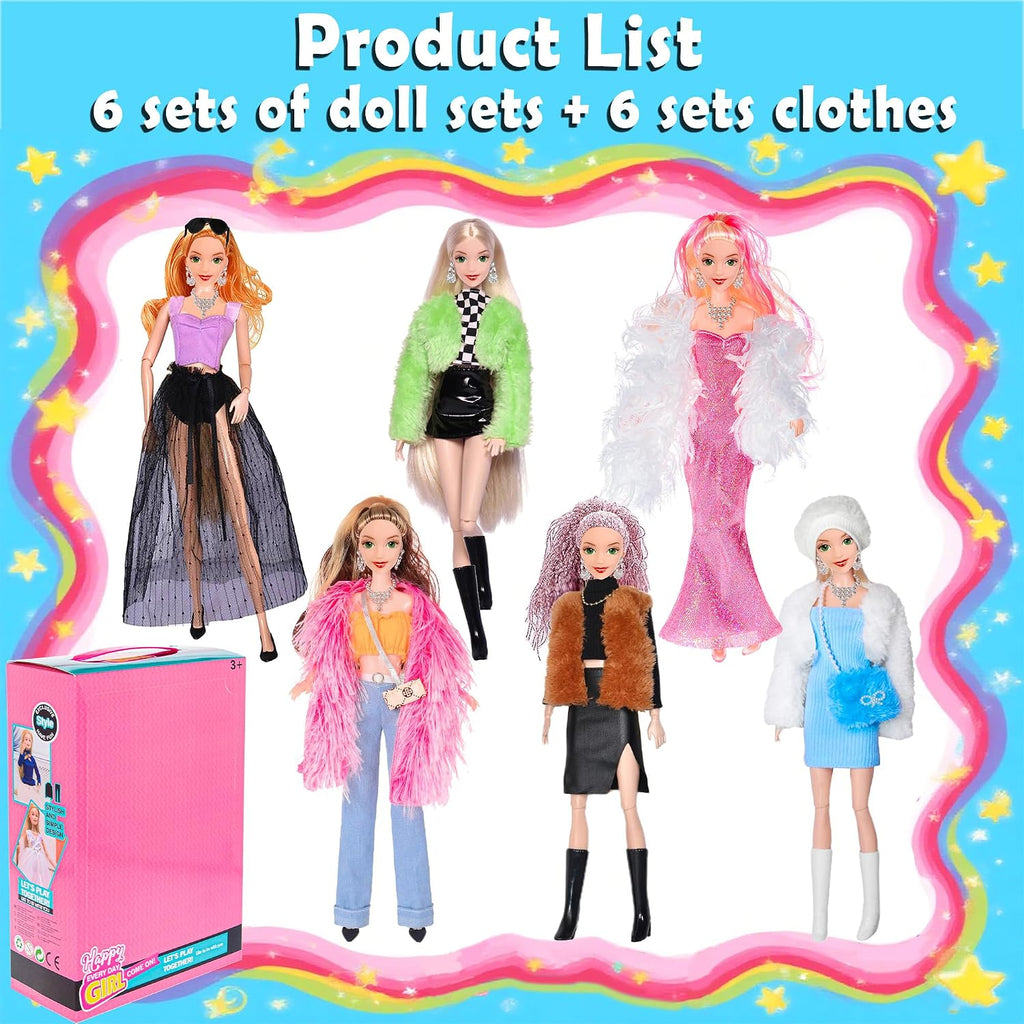 ebuddy - Paquete de 6 muñecas de vestir de 11.5 pulgadas para niñas, 6 elegantes muñecas de piel blanca con trajes y accesorios únicos