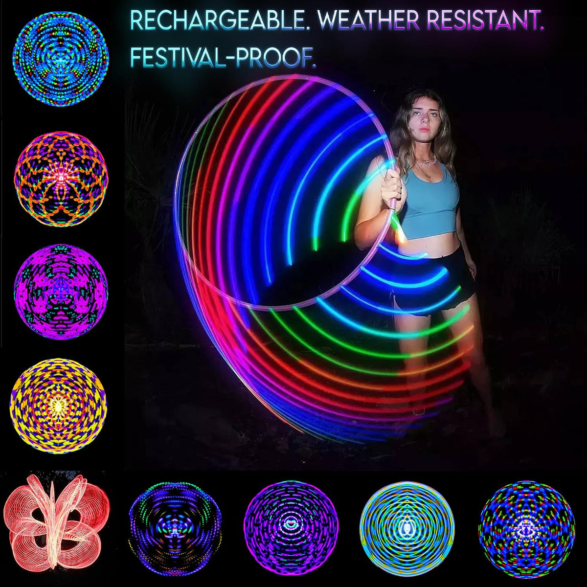 UltraHoop Shuffle LED Hoop – Aro LED inteligente con cambio de color automático y más de 100 patrones de luz – Recargable, plegable, juguetes de flujo que brillan en la oscuridad para