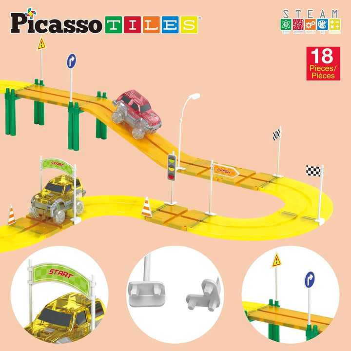 PicassoTiles Kit de Pista de Carrera Compatible con Ladrillos Magné...