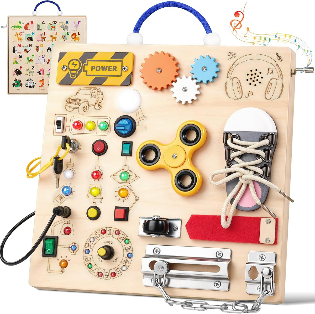 Tablero de actividades para niños pequeños - Juguetes Montessori para niños de 1, 2, 3 años, tablero de actividades sensoriales de madera, juguete de tablero antiestrés con interruptores y cajas de