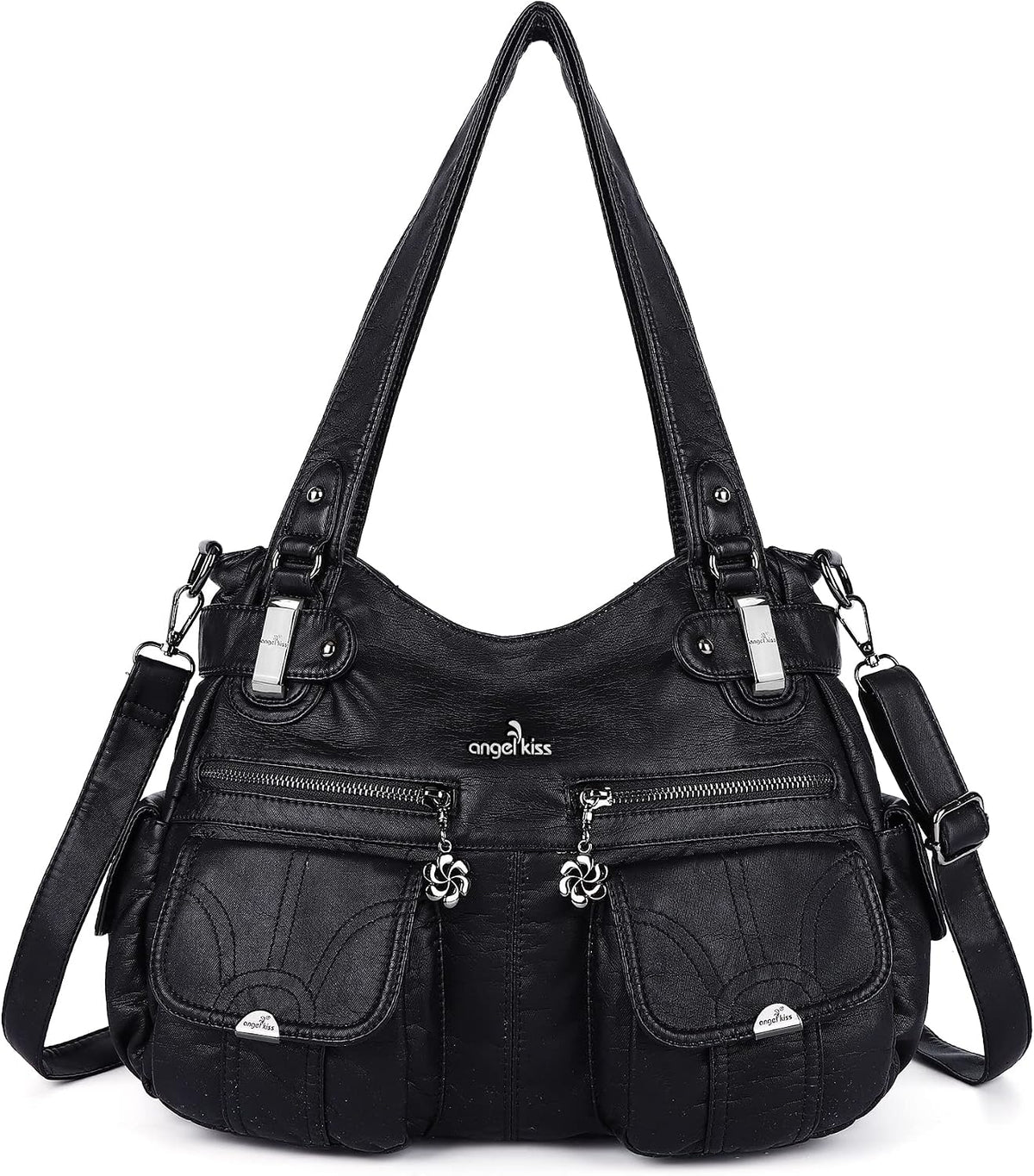 Angel Kiss Bolso de diseñador para mujer, grande, doble cremallera, multibolsillo, de piel lavada