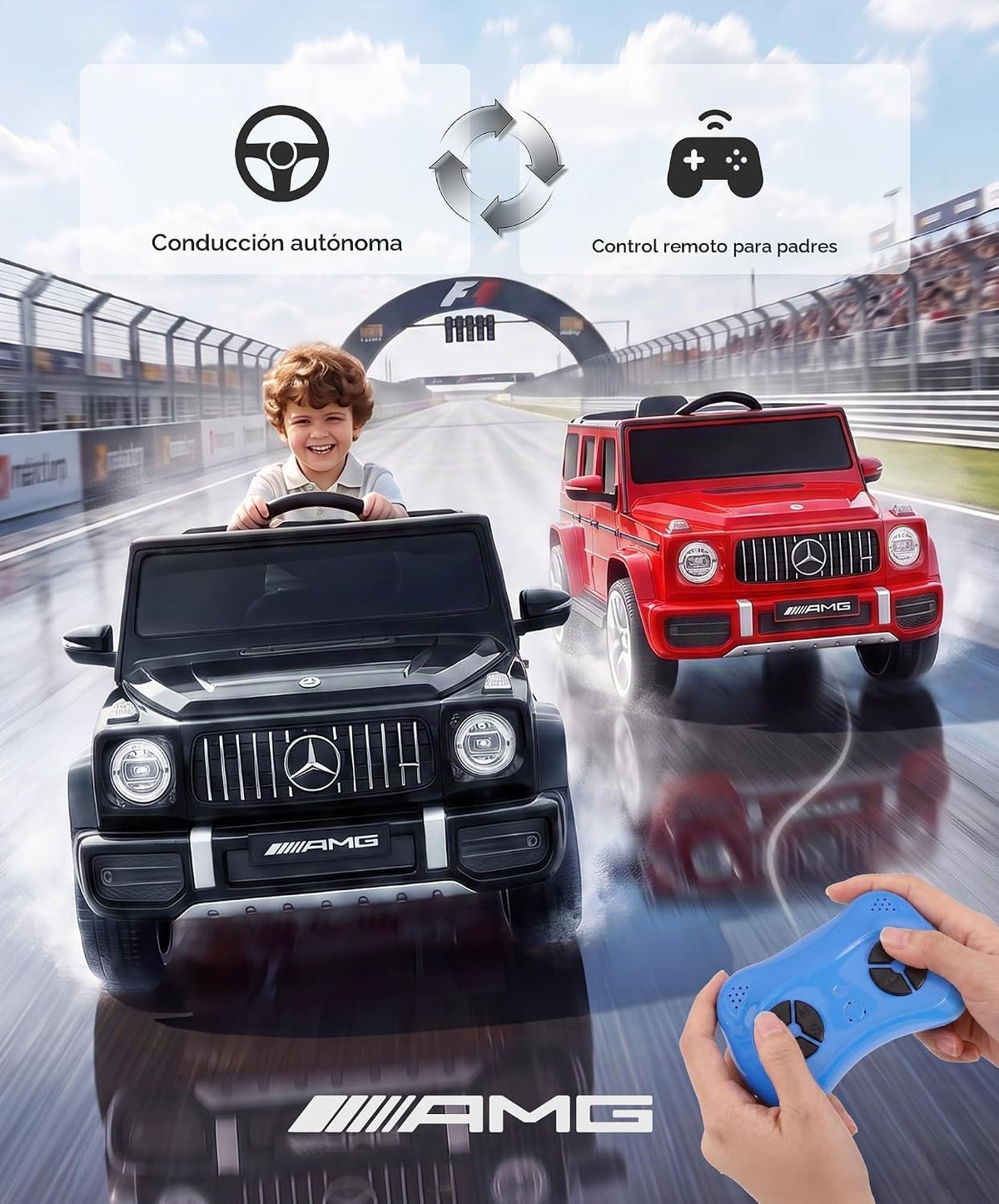 Mercedes-Benz AMG G63 - Juguetes de paseo con licencia de 12 V con control remoto, batería recargable, luces parpadeantes/luces LED, Bluetooth, música y bocina, arranque suave, batería baja