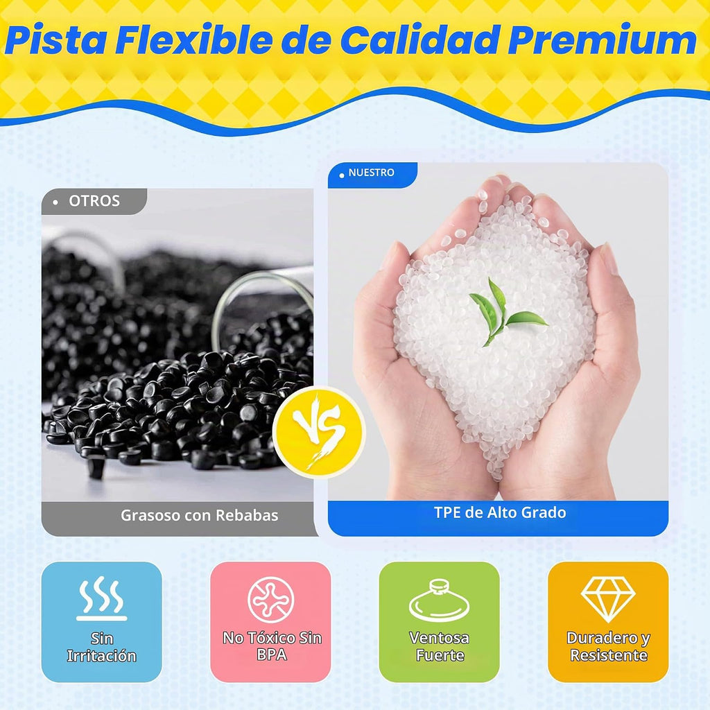 MINDNOOK Juego de pista de carreras flexible de 16 pies para niños, pista de carreras portátil enrollable con 4 autos y ventosas, compatible con autos de juguete fundidos a presión 1:64, regalo para niños y niñas de 4 a 12 años