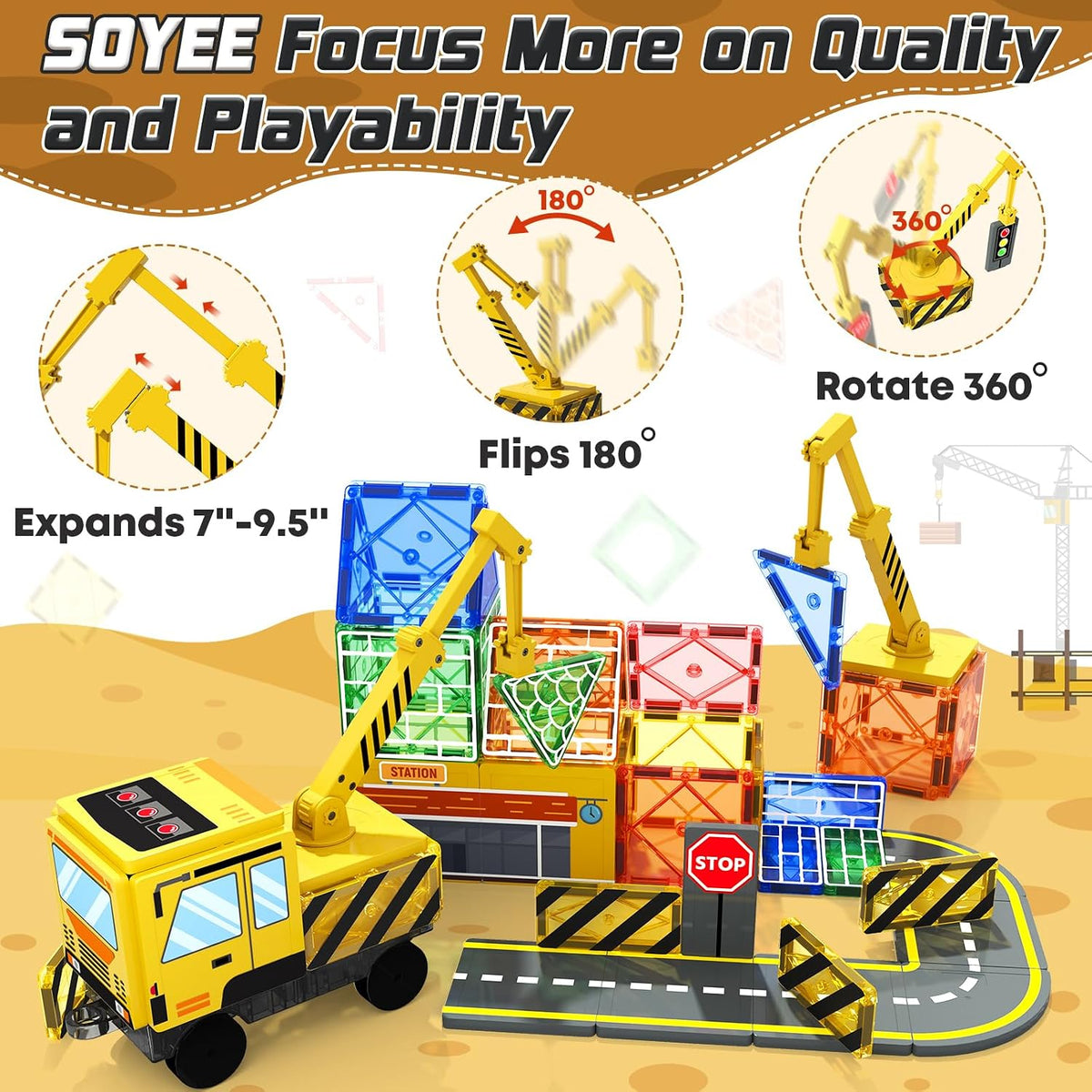 Magnetic Tiles con 2 Cranes, Magnetic Construction Toys STEM Building Toys