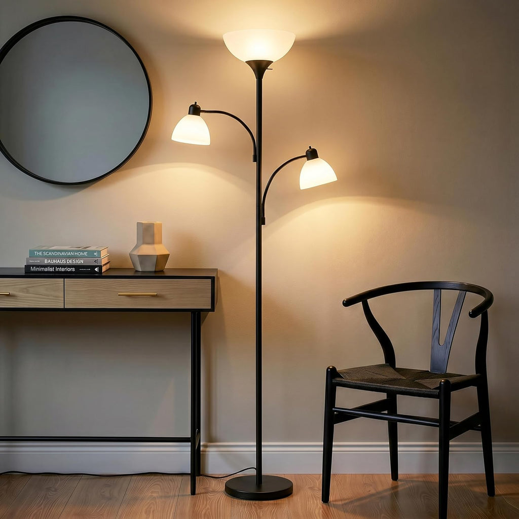 Brightech Sky Dome Lámpara de Piso Doble LED, Torchiere Lámpara de Piso Súper Brillante con 2 Lámparas de Lectura para Salas y Oficinas - Lámpara de Pie Alta Regulable para Lectura en Dormitorio - Poste Alto Negro