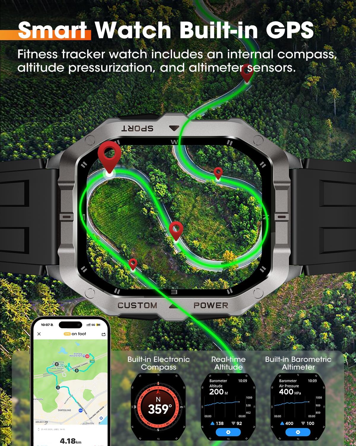 Relojes Inteligentes Militares para Hombres, Relojes de 2.02'' para Hombres con GPS Integrado