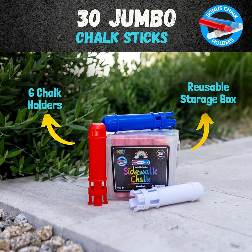 Paquete de 2 cubos de tiza jumbo para acera, 30 piezas, color rojo, blanco y azul, lavable, no tóxico, con 6 soportes, tiza jumbo de 4 pulgadas para aceras, entradas y diversión de dibujo al aire