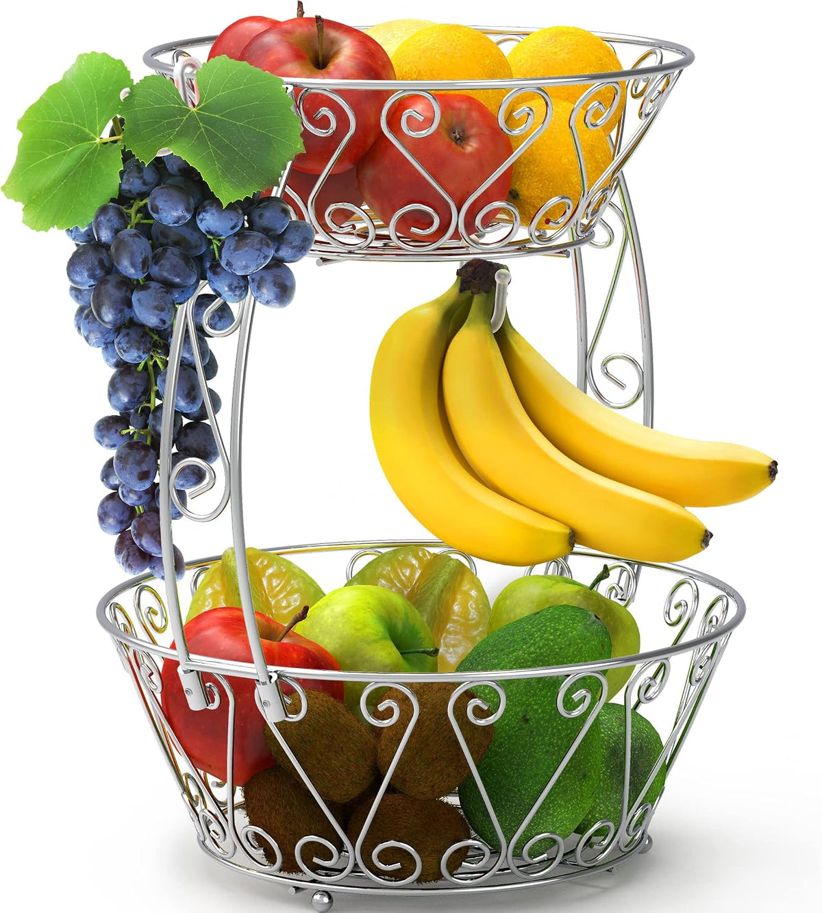 Simple Houseware Cesta de frutas de 2 niveles para encimera, color cromado