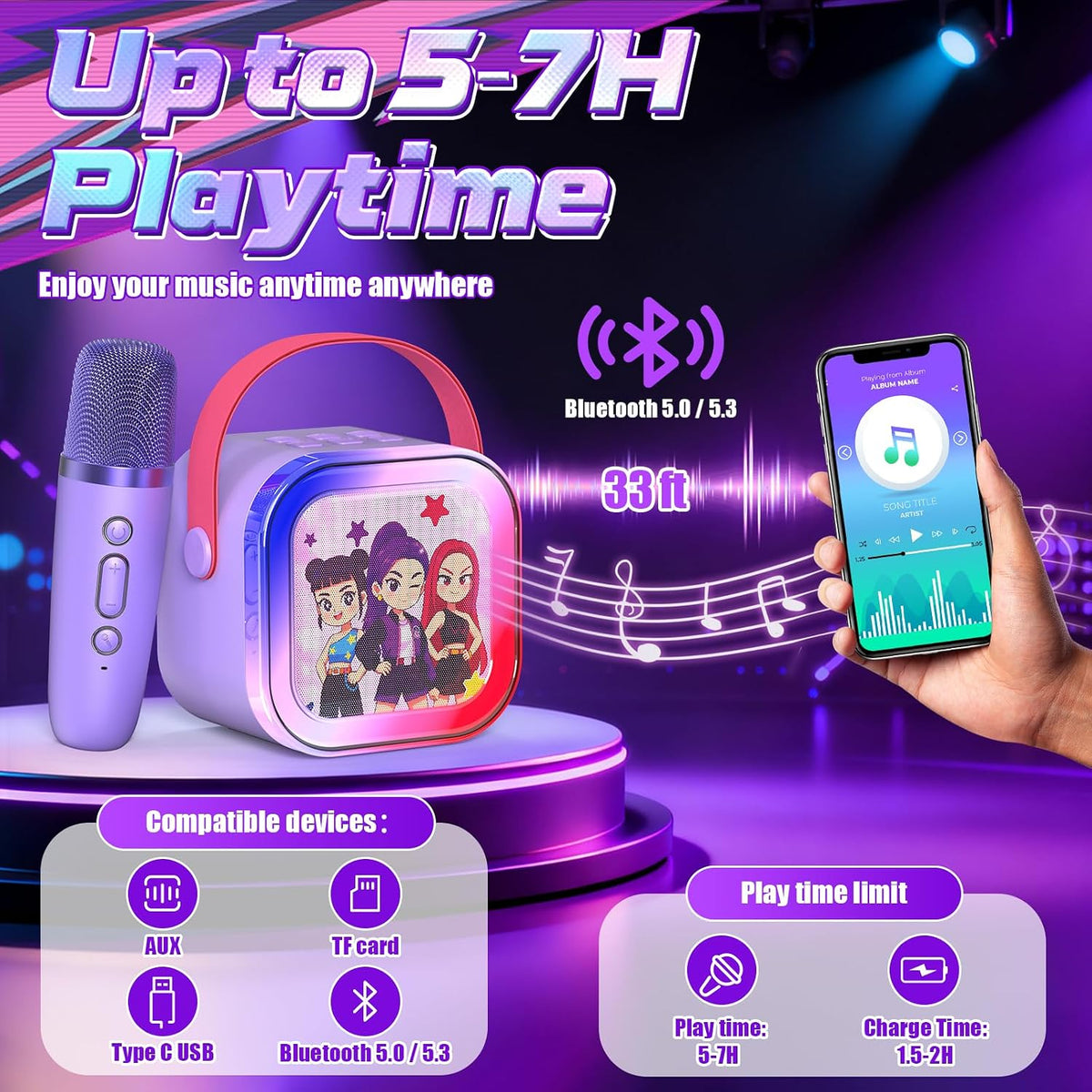 Mini máquina de karaoke para niños, 5 efectos de voz, altavoz Bluetooth portátil con 2 micrófonos inalámbricos, luces LED para niños y niñas de 3 a 12 años, máquina de karaoke para niños, juguete de