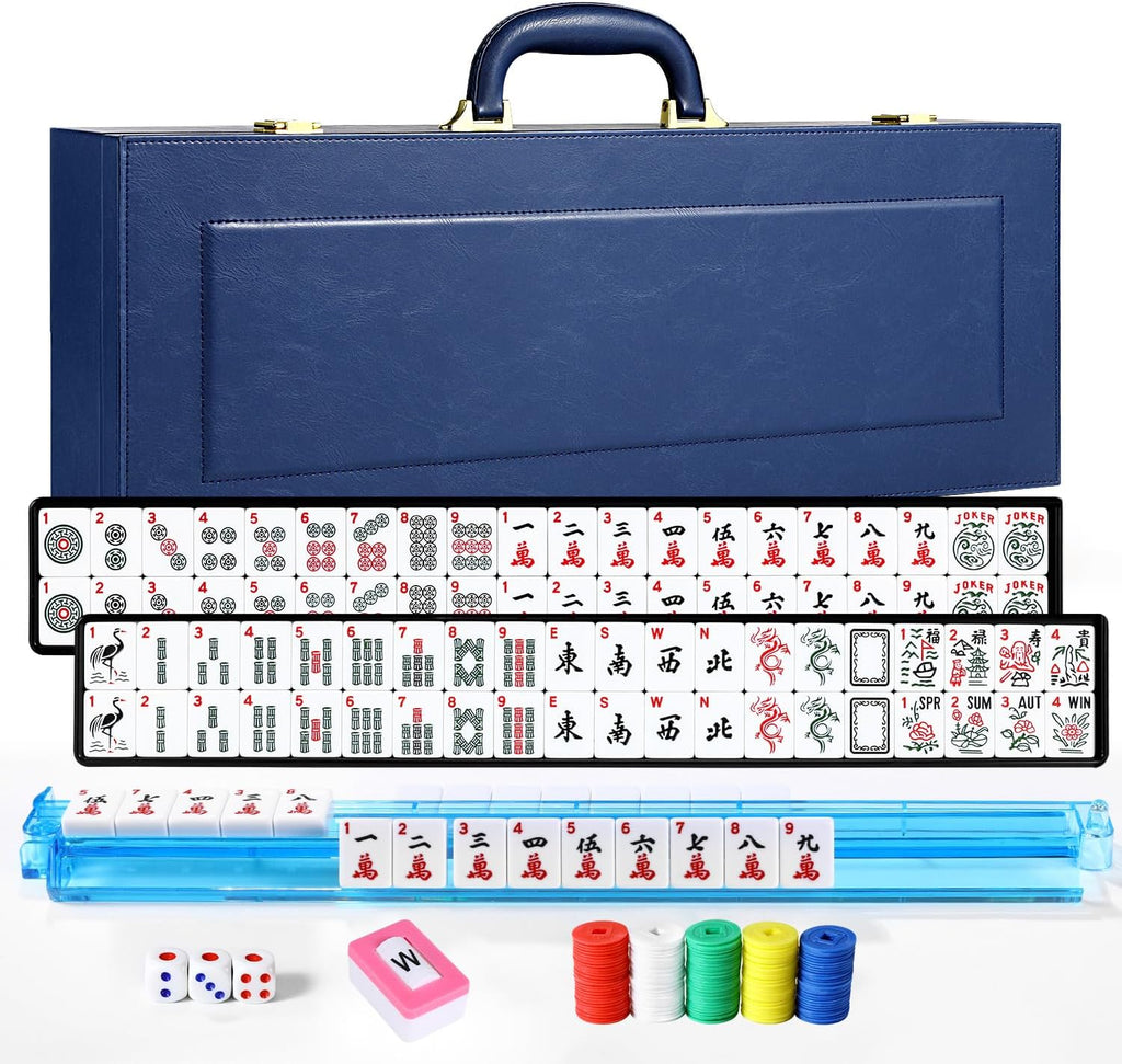 American Mahjong - Juego de maletas de cuero sintético portátil azul, 166 azulejos blancos, 4 bastidores Mahjong todo en uno con empujadores, incluye fichas y dados, juego de azulejos Travel