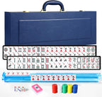 American Mahjong - Juego de maletas de cuero sintético portátil azul, 166 azulejos blancos, 4 bastidores Mahjong todo en uno con empujadores, incluye fichas y dados, juego de azulejos Travel