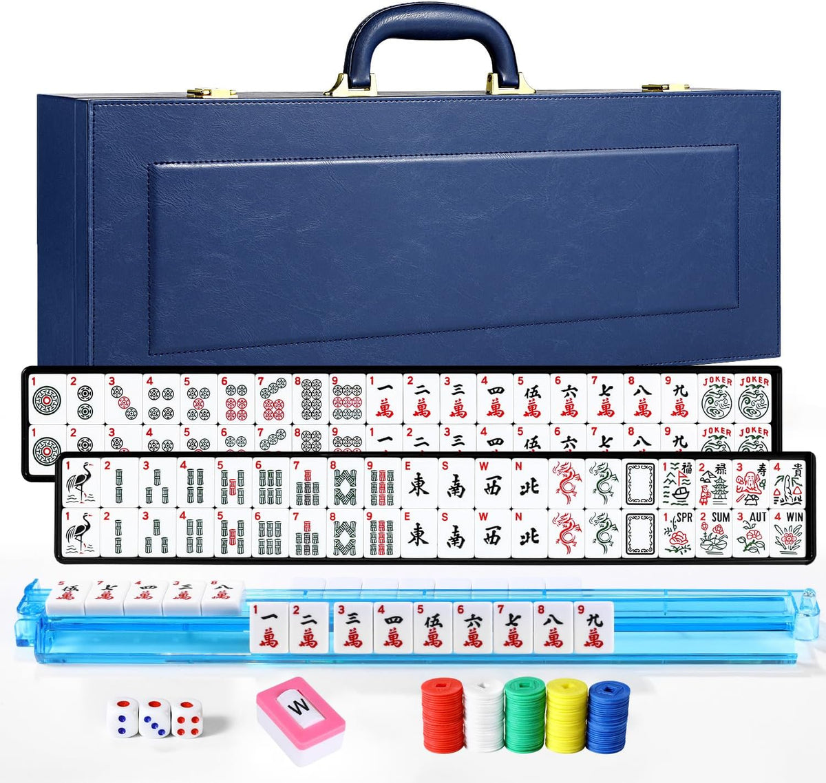 American Mahjong - Juego de maletas de cuero sintético portátil azul, 166 azulejos blancos, 4 bastidores Mahjong todo en uno con empujadores, incluye fichas y dados, juego de azulejos Travel