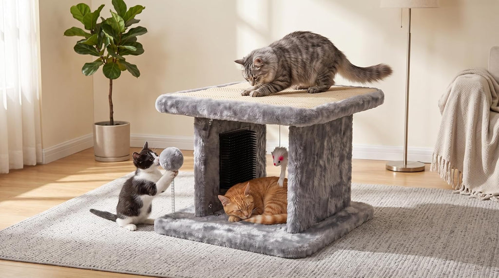Cama grande para gatos con poste rascador y tabla de peinar