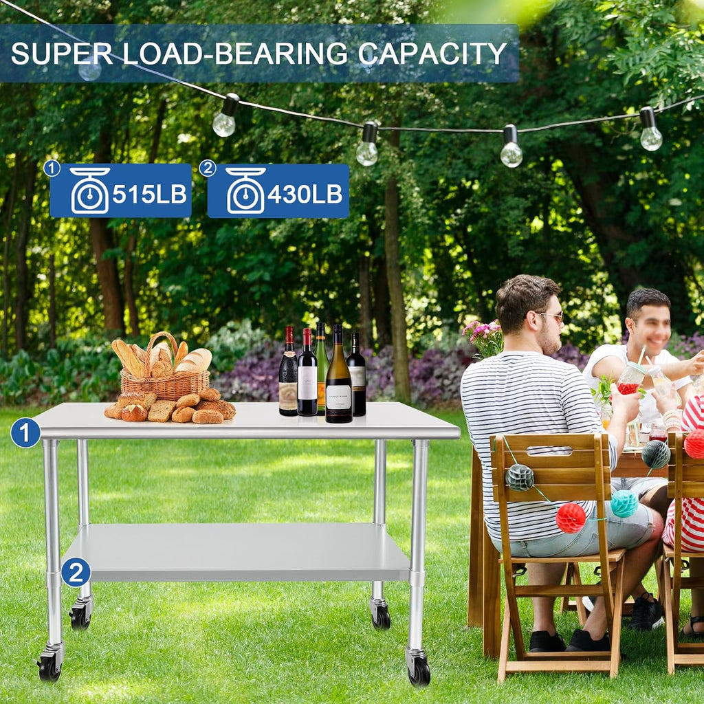 HARDURA Mesa comercial de acero inoxidable con ruedas de 24 x 48 pulgadas