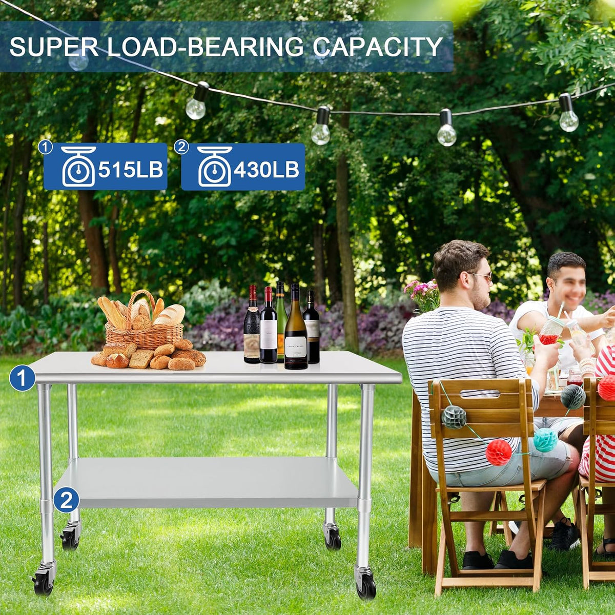 HARDURA Mesa comercial de acero inoxidable con ruedas de 24 x 48 pulgadas