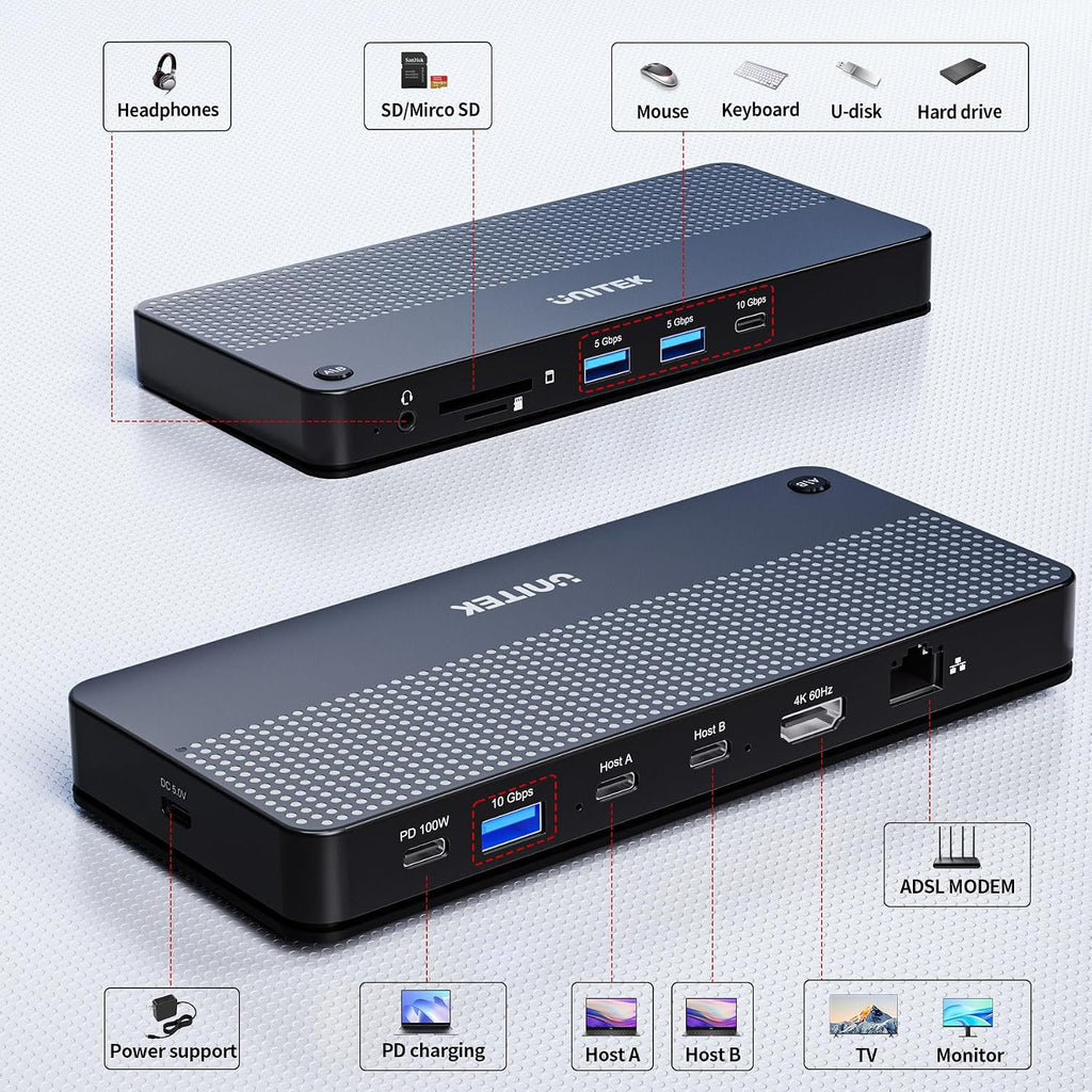 Unitek Conmutador KVM USB C 2 Computadoras 1 Monitor con entrega de energía
