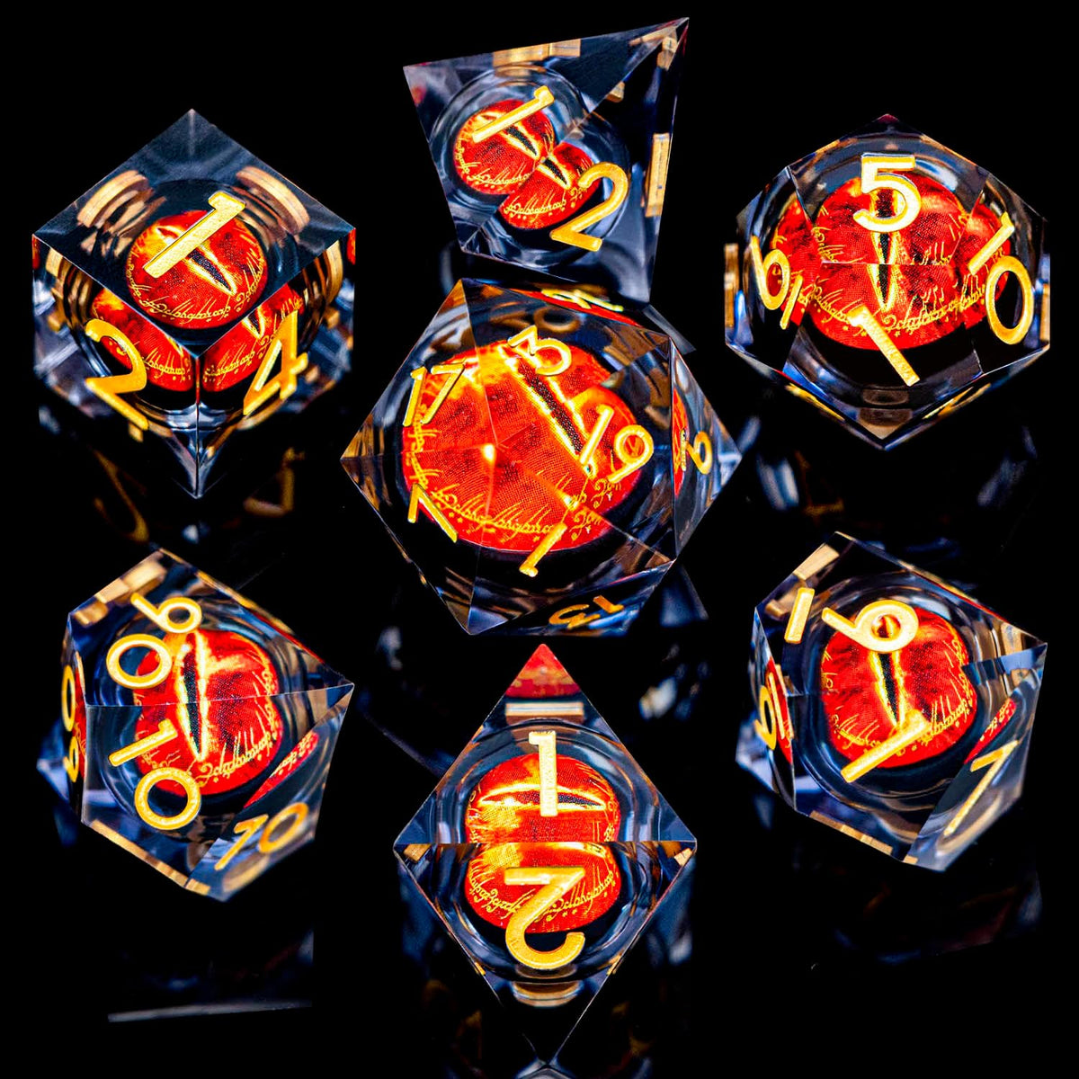 ARUOHHA DND - Juego de dados de resina para miradas de ojos, color negro y dorado, núcleo líquido, juego de dados flameantes con borde afilado con caja de regalo, juego de dados poliédricos D y D compatibles con juegos de rol Dungeons Dragons D20 D6