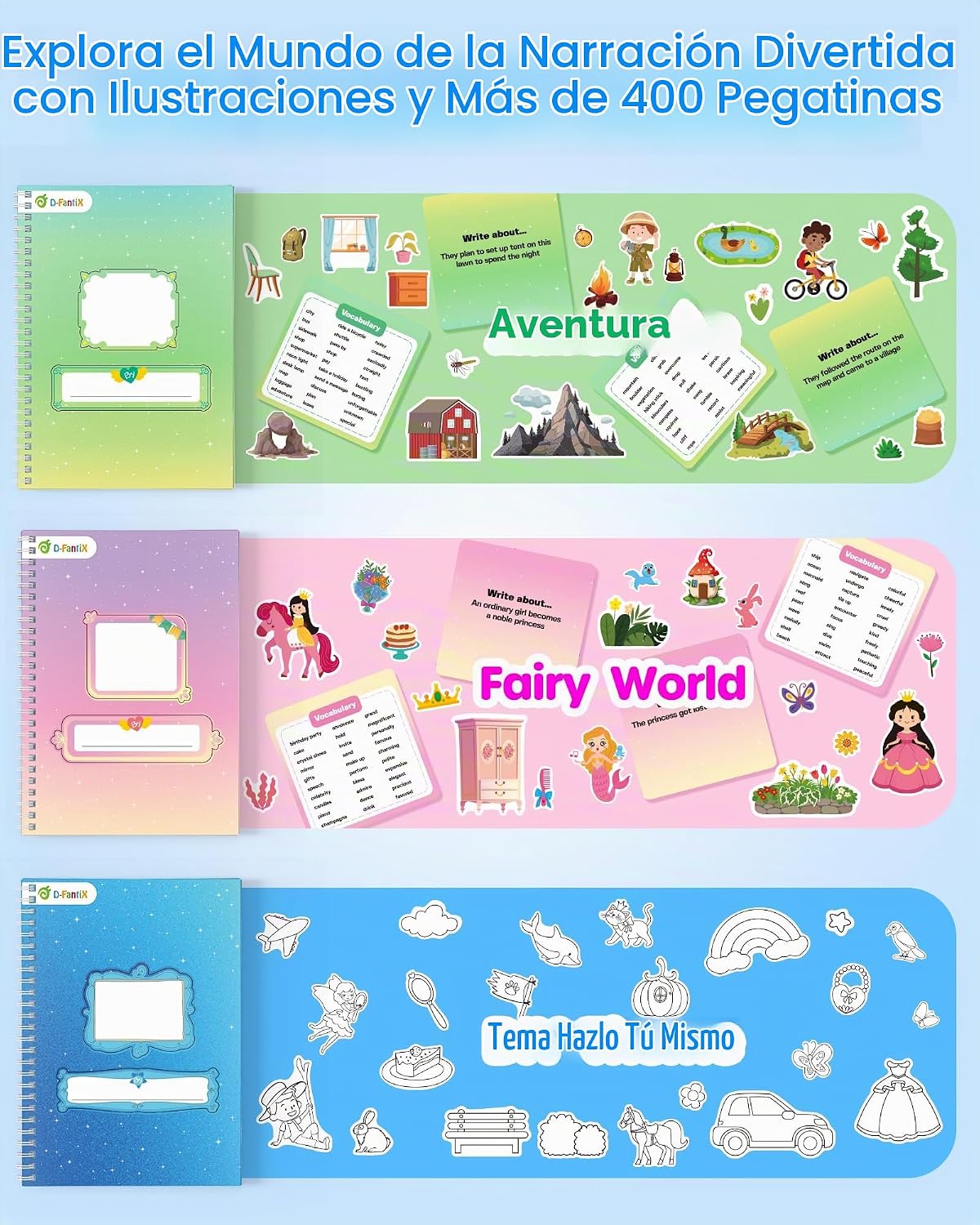 D-FantiX Mi Kit de Arte de Libro de Historias, Set de Actividades Creativa de Escritura y Dibujo para Niños y Niñas, Kit de Creación de Libro de Historietas de Tapa Dura con Adhesivos, Suministros de