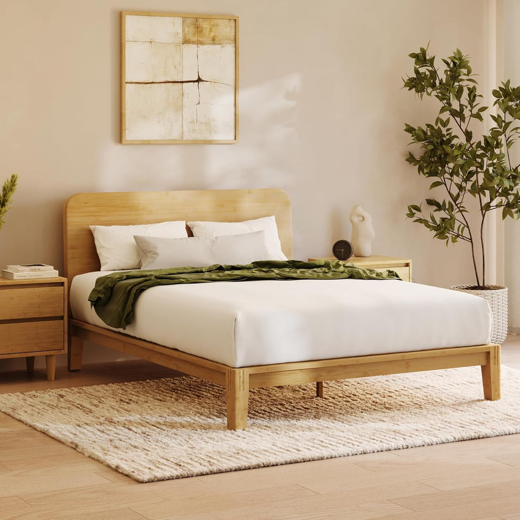 Nectar Base de cama y cabecera de plataforma de bambú, natural, individual, patas de soporte central flotantes, altura de 12 pulgadas, fácil de instalar sin herramientas, contemporáneo, listones de