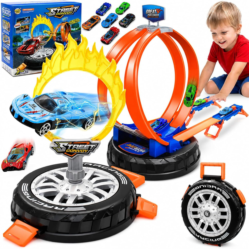 Race Tracks para Kids Ages 4-8, 2 en 1 Race Car Track Stunt Tire Shaped Case