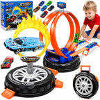Race Tracks para Kids Ages 4-8, 2 en 1 Race Car Track Stunt Tire Shaped Case