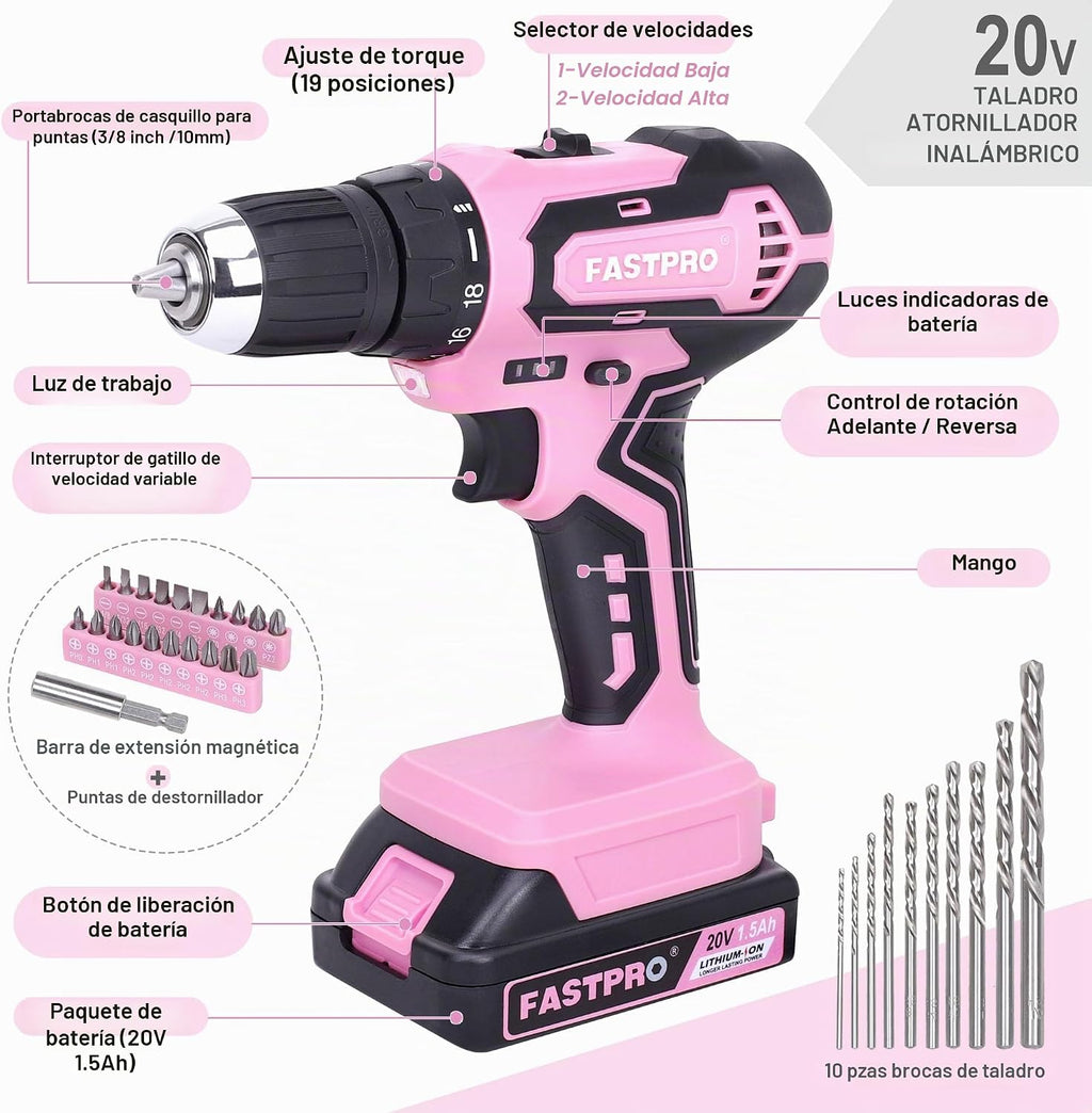 FASTPRO Taladro rosa de 20 V, kit de destornillador inalámbrico con bolsa